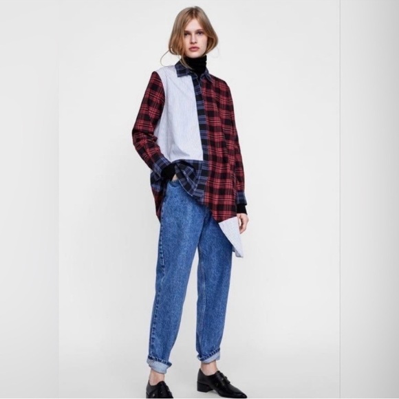 Zara Women Premium Denim Collection Plaid and Striped Long Sleeve Shirt Size XS - Picture 2 of 7